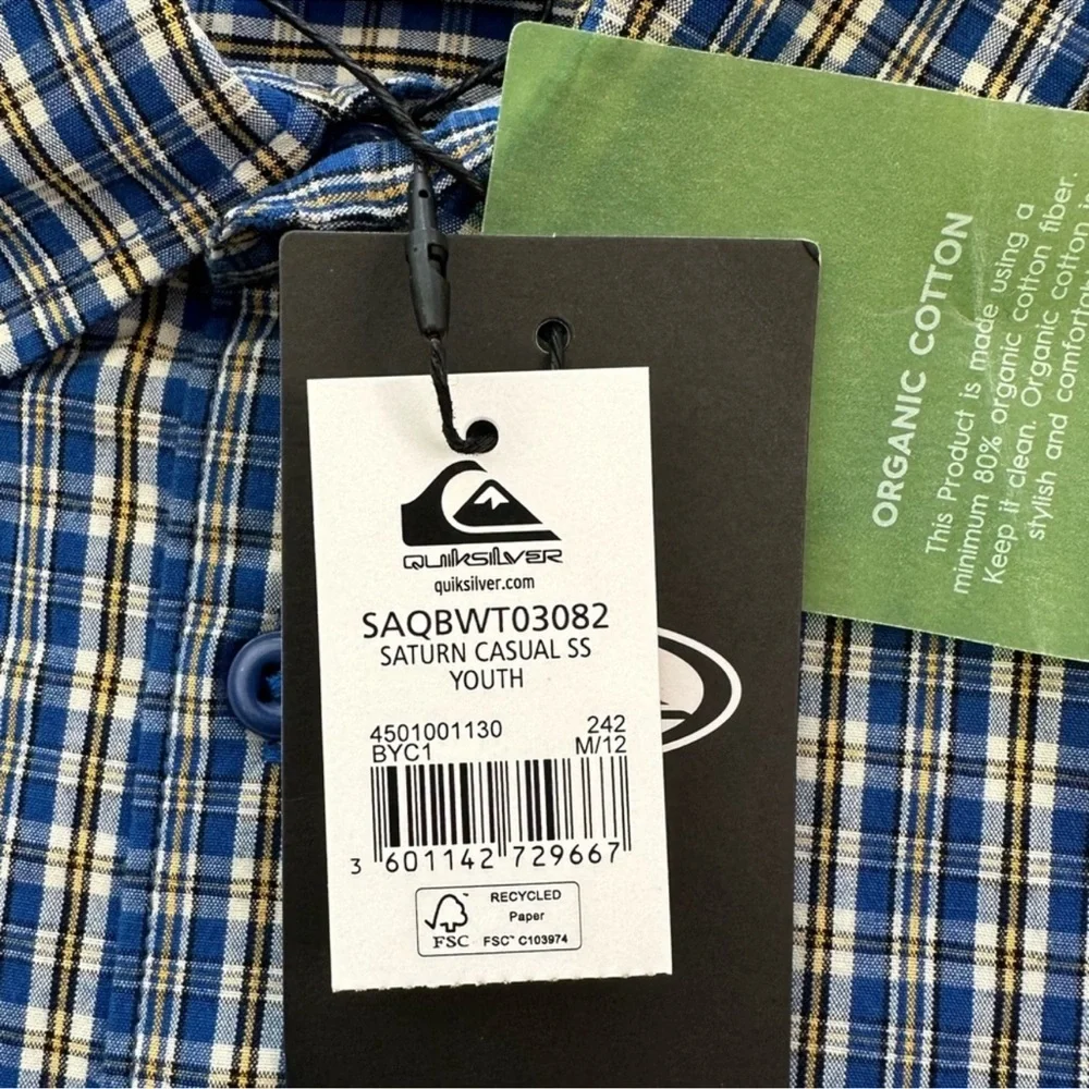 Quicksilver Shirt Casual Short Sleeve Plaid Button Up Saturn NWT Boy Size Medium